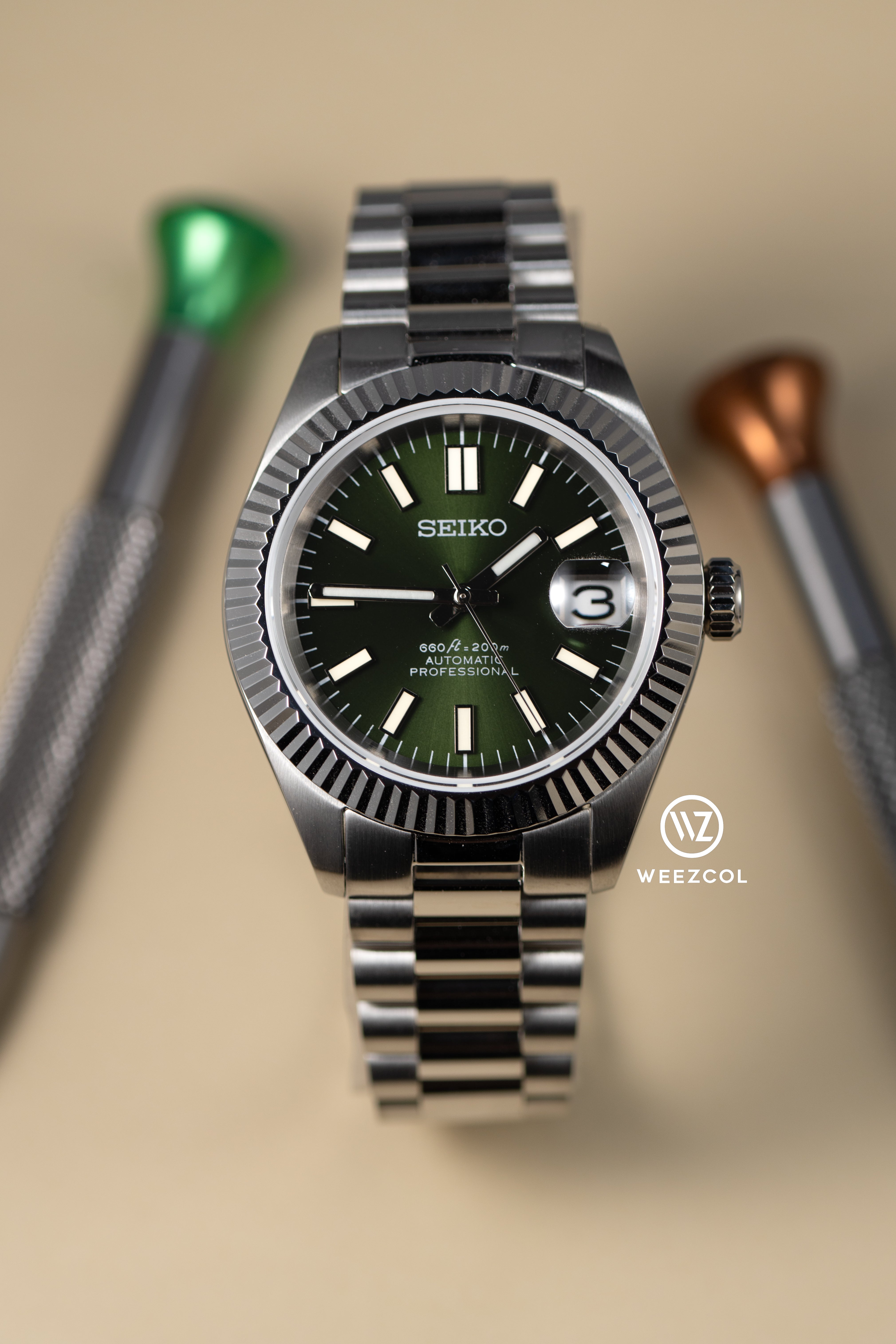 Seiko Datejust: Olive in Brushed Silver